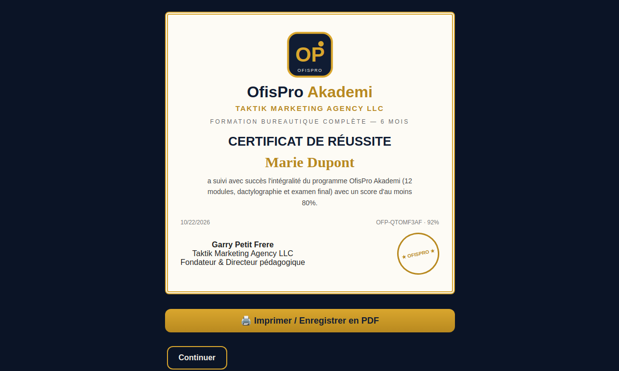 Certificat officiel Taktik Office Pro signé Garry Petit Frere, Taktik Marketing Agency LLC