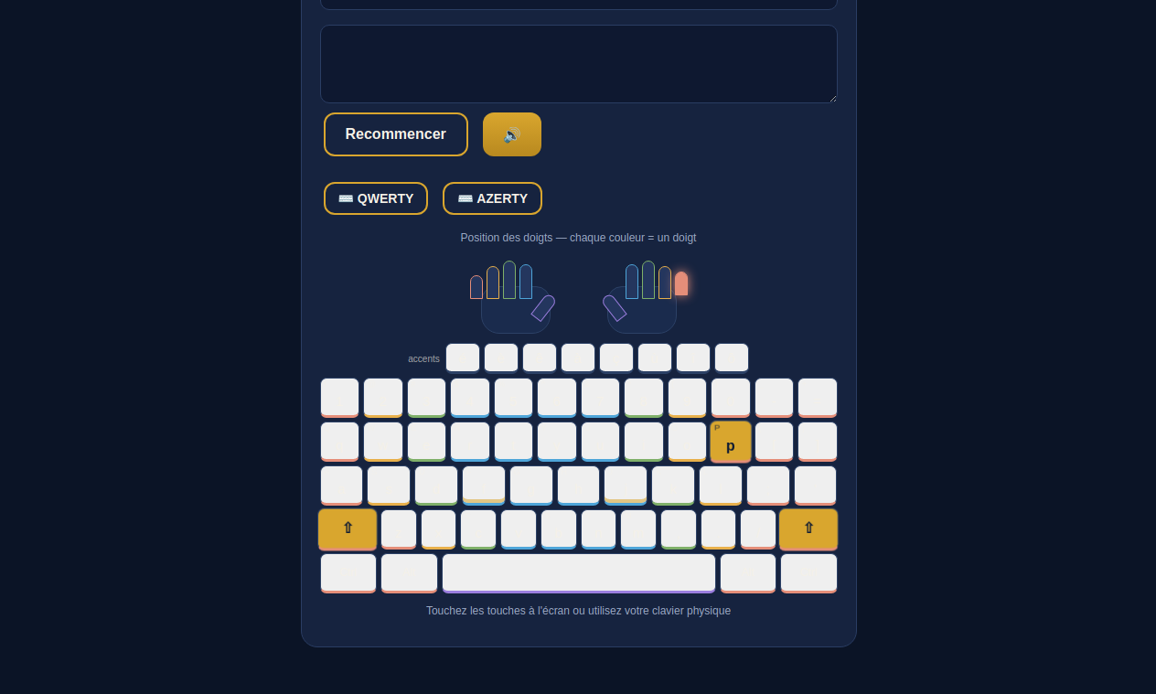 Studio de dactylographie : clavier visuel avec couleurs par doigt et schéma des deux mains