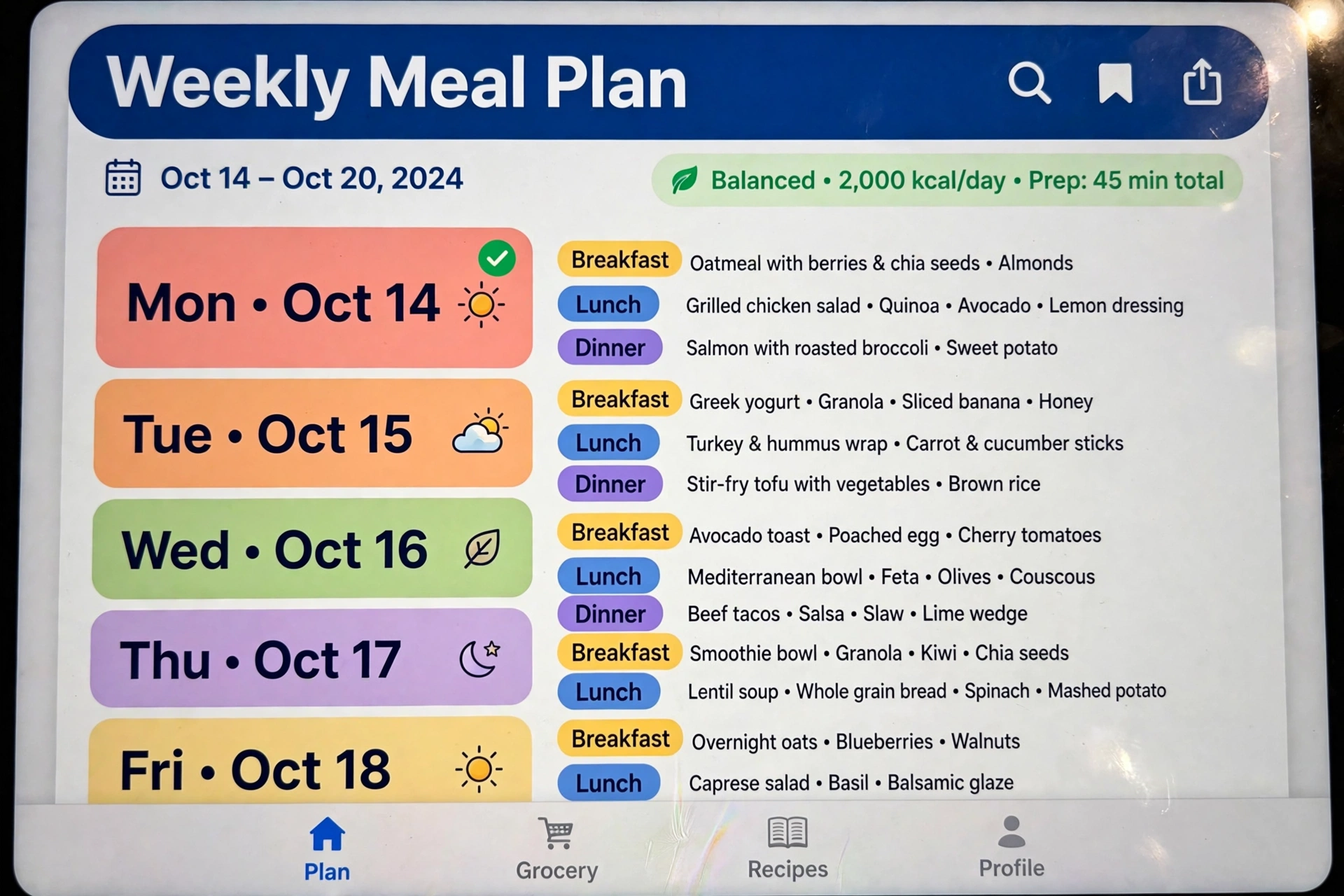 Inside the book — weekly meal plan