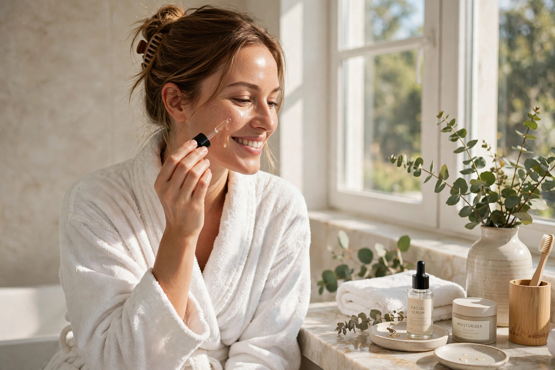 Woman applying GlowPure serum — morning ritual