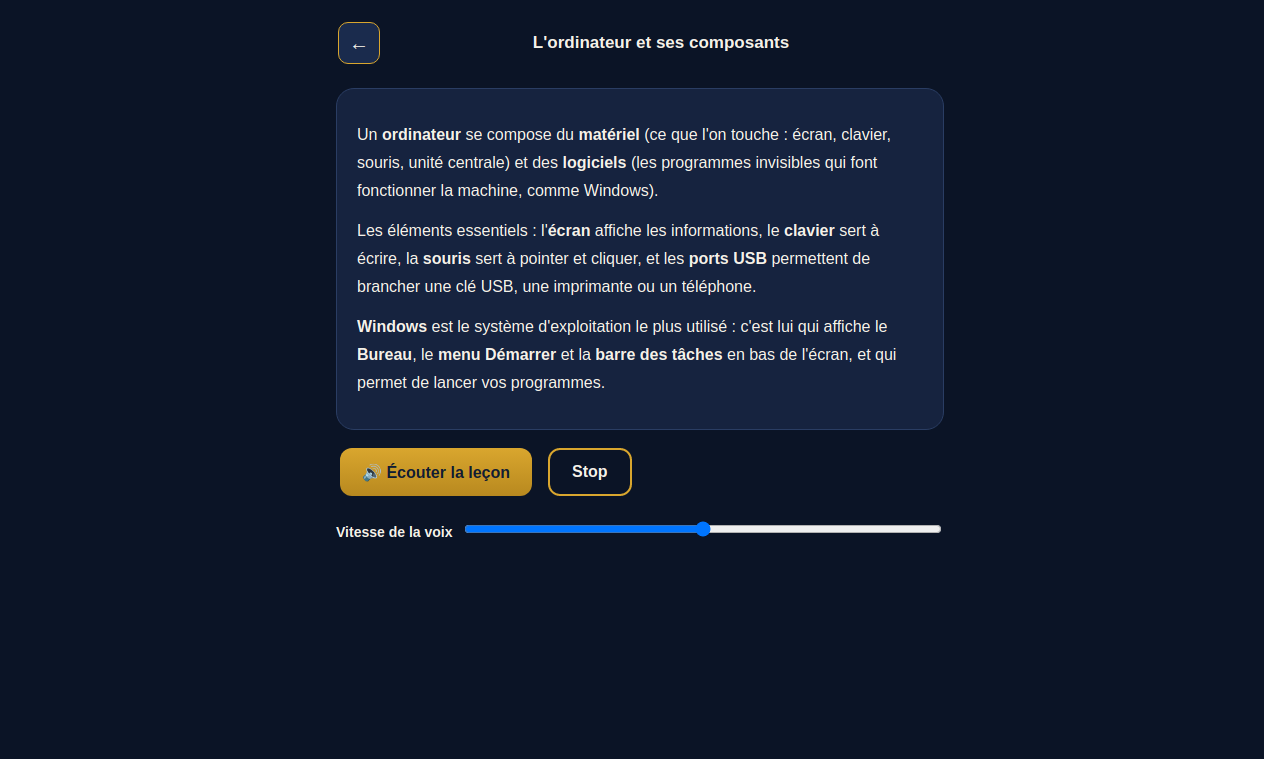 Leçon du Module 1 avec bouton d'écoute audio et réglage de la vitesse de la voix